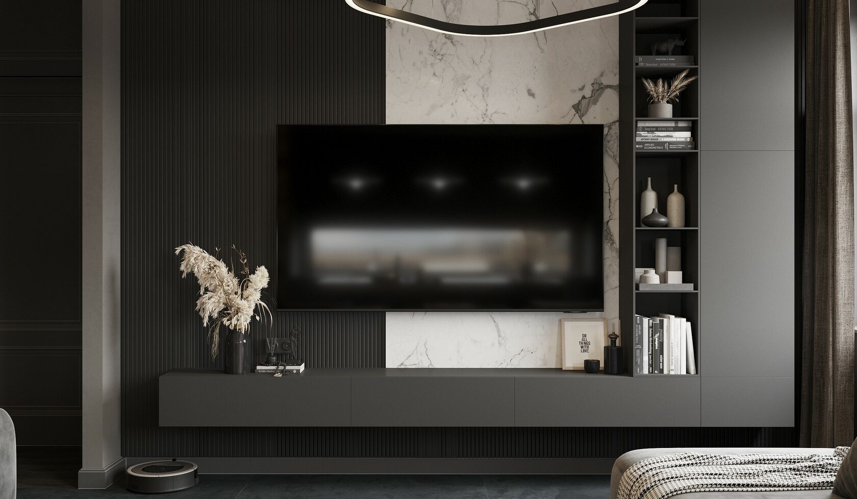 Шикарная зона тв с паном из мрамора и рифлёной стеной