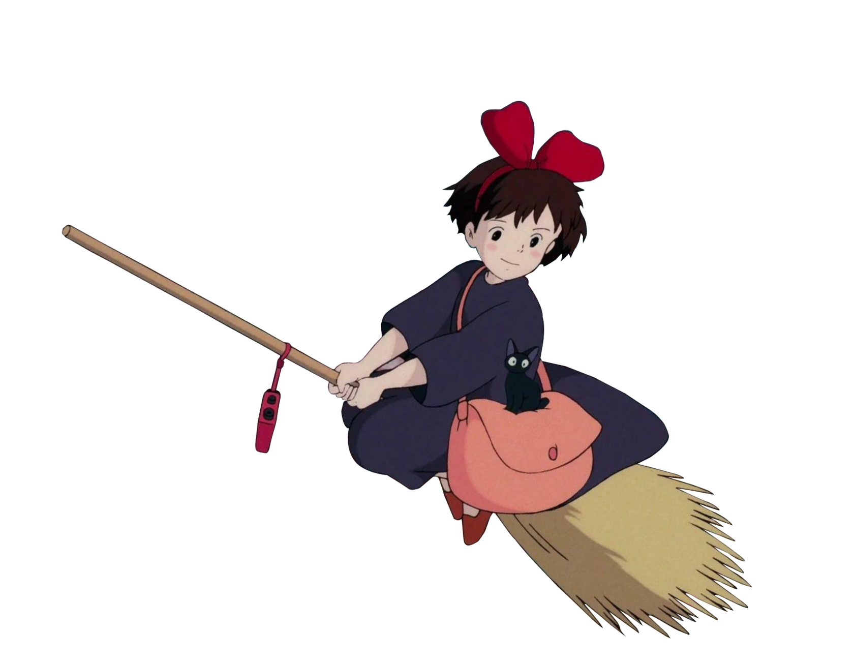 a girl in the black dress on a broom with a black cat