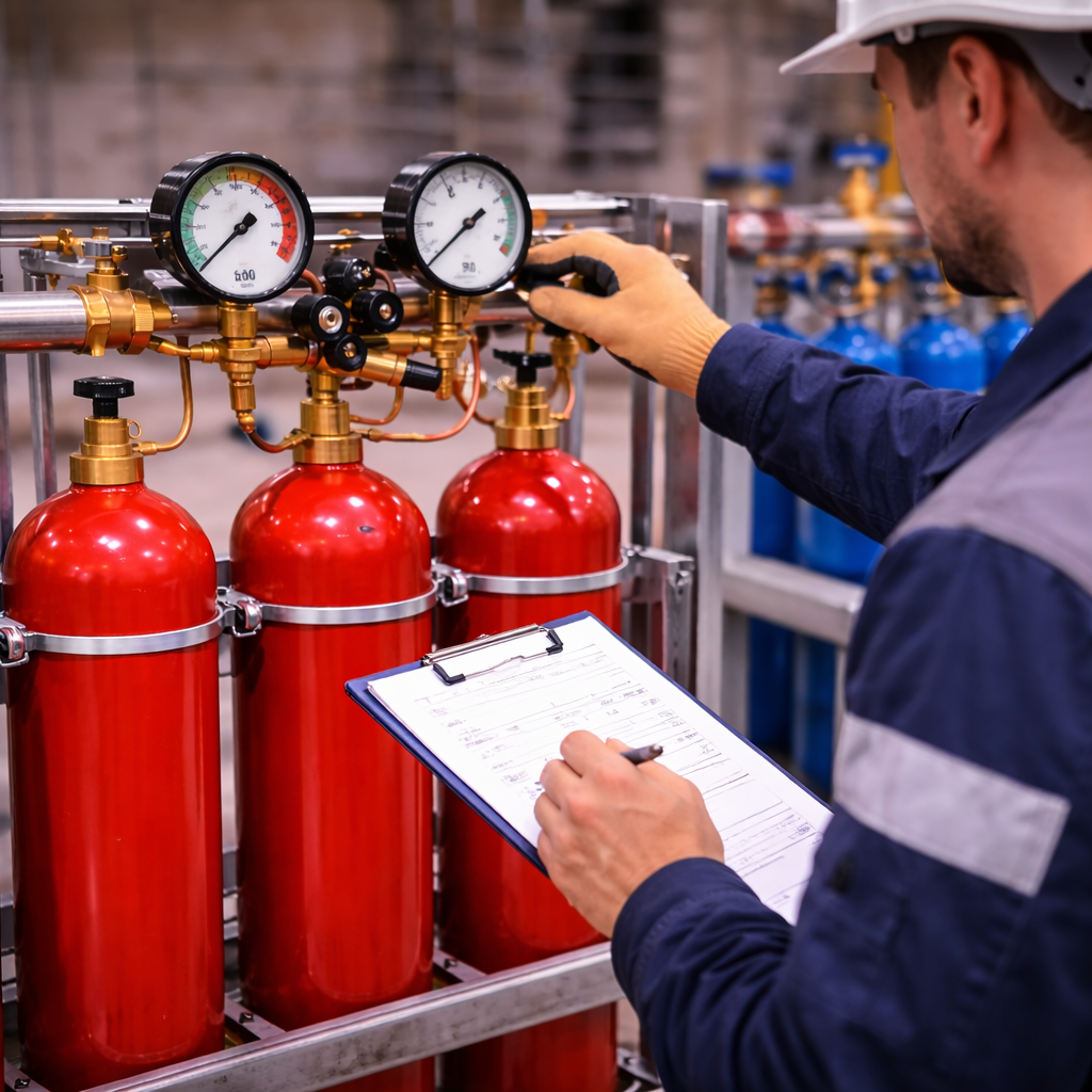 Инженер проверяет состояние газовой рампы с несколькими красными баллонами, редукторами и манометрами на металлической раме в промышленном цехе.