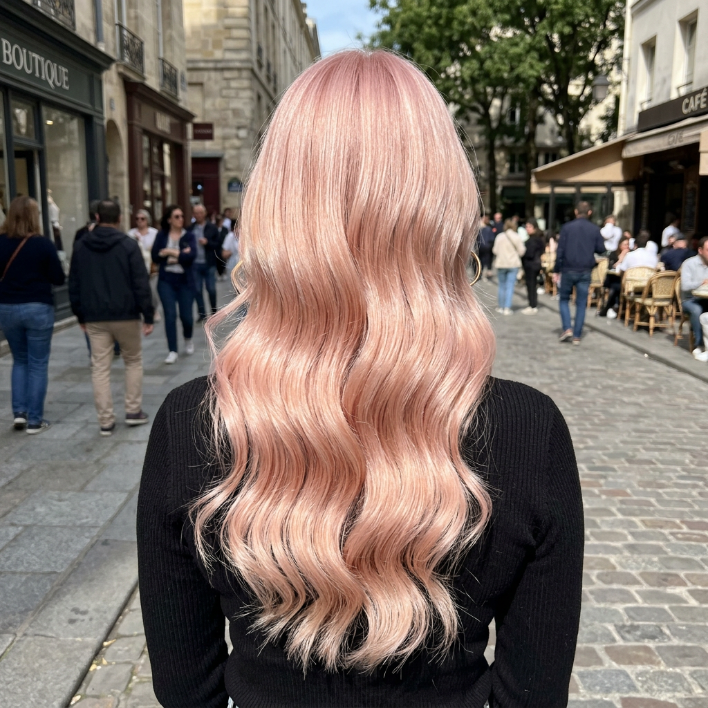 Клубничный блонд на длинных волосах при дневном свете