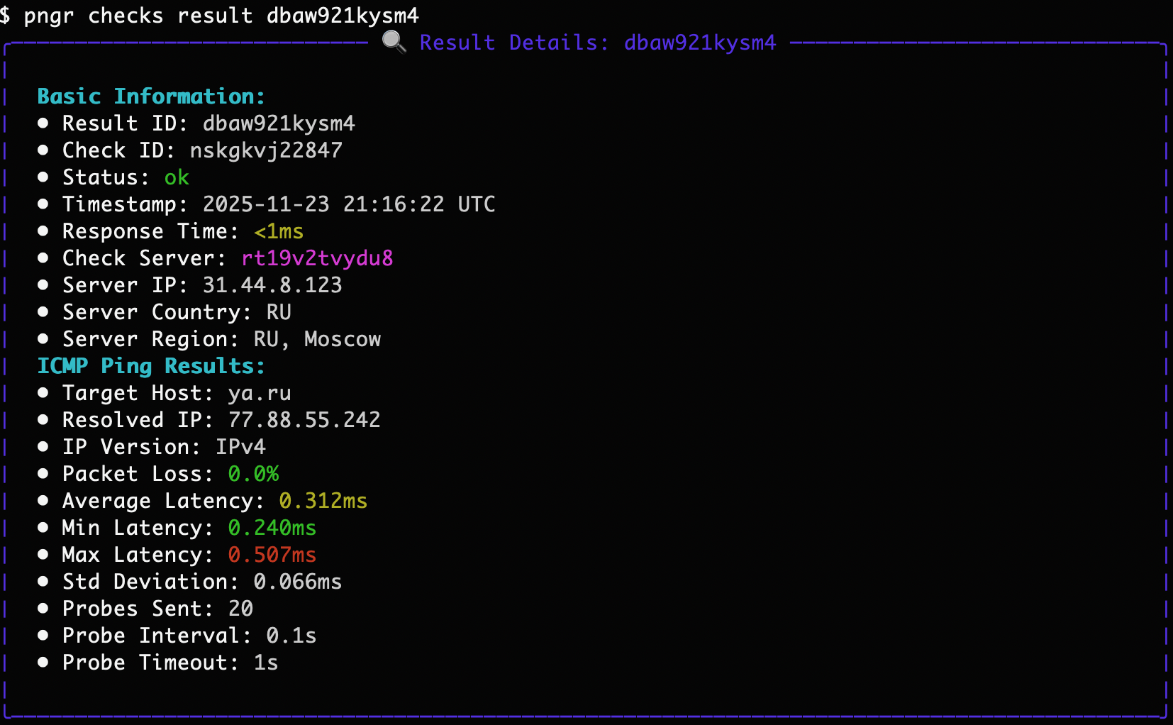 Вывод результата проверки в pngr - Pingera CLI