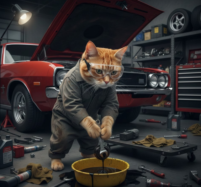 Кот меняет масло в машине