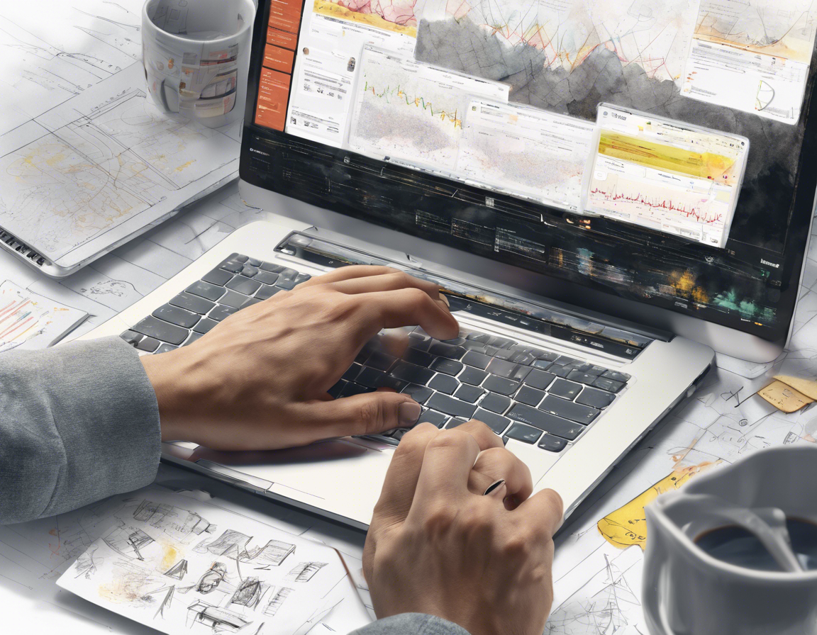 крупный план рук, печатающих на ноутбуке с дэшбордом Яндекс Директ на экране, в окружении заметок и диаграмм