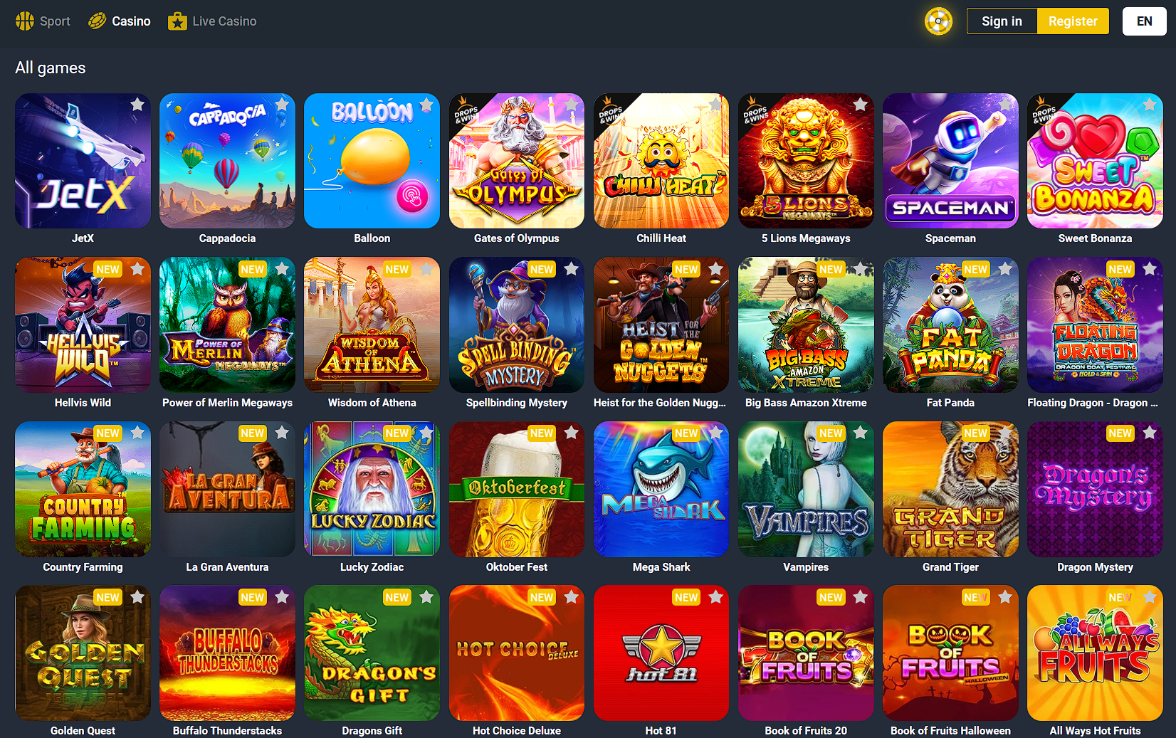 Catalog of integratable games on one of the platforms