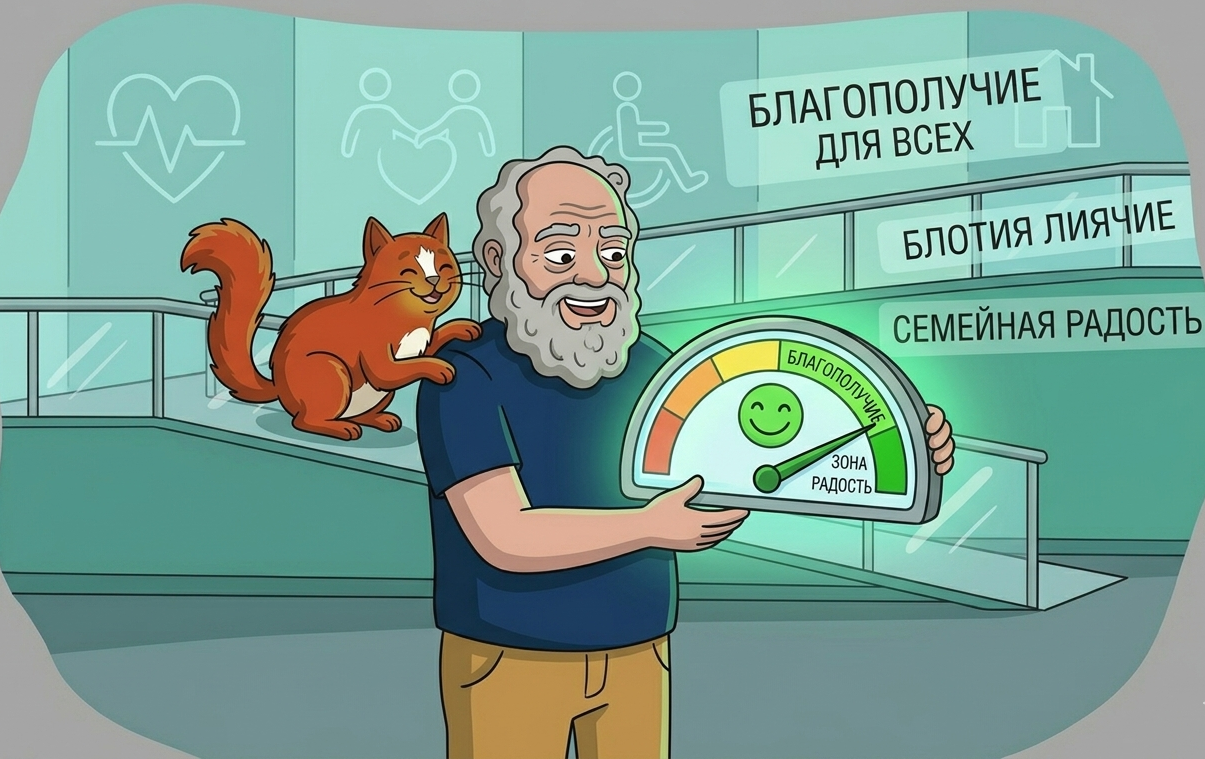 * Сократ и кот Платон с прибором, показывающим максимальный уровень счастья, символизирующие новые KPI в социальной работе