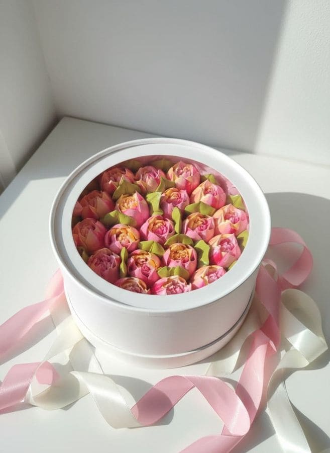 Тюльпаны из зефира в шляпной коробке с окном, диаметр 21 см 3