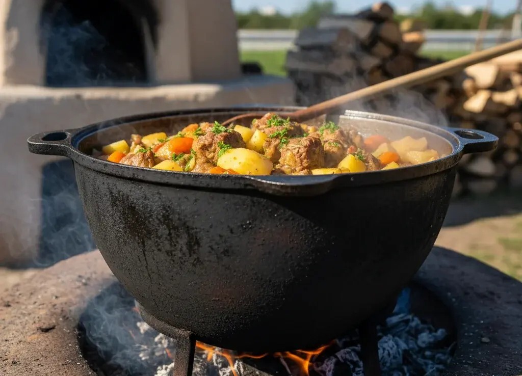 Тушёное мясо с овощами в чугунном казане на огне