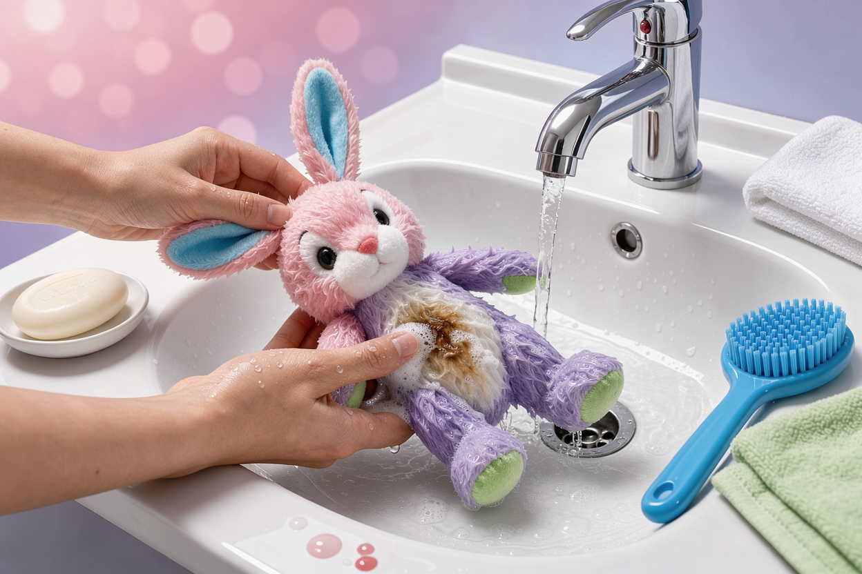 Hands gently washing a plush toy in a sink with clear water and mild soap, removing stains and reshaping the toy
