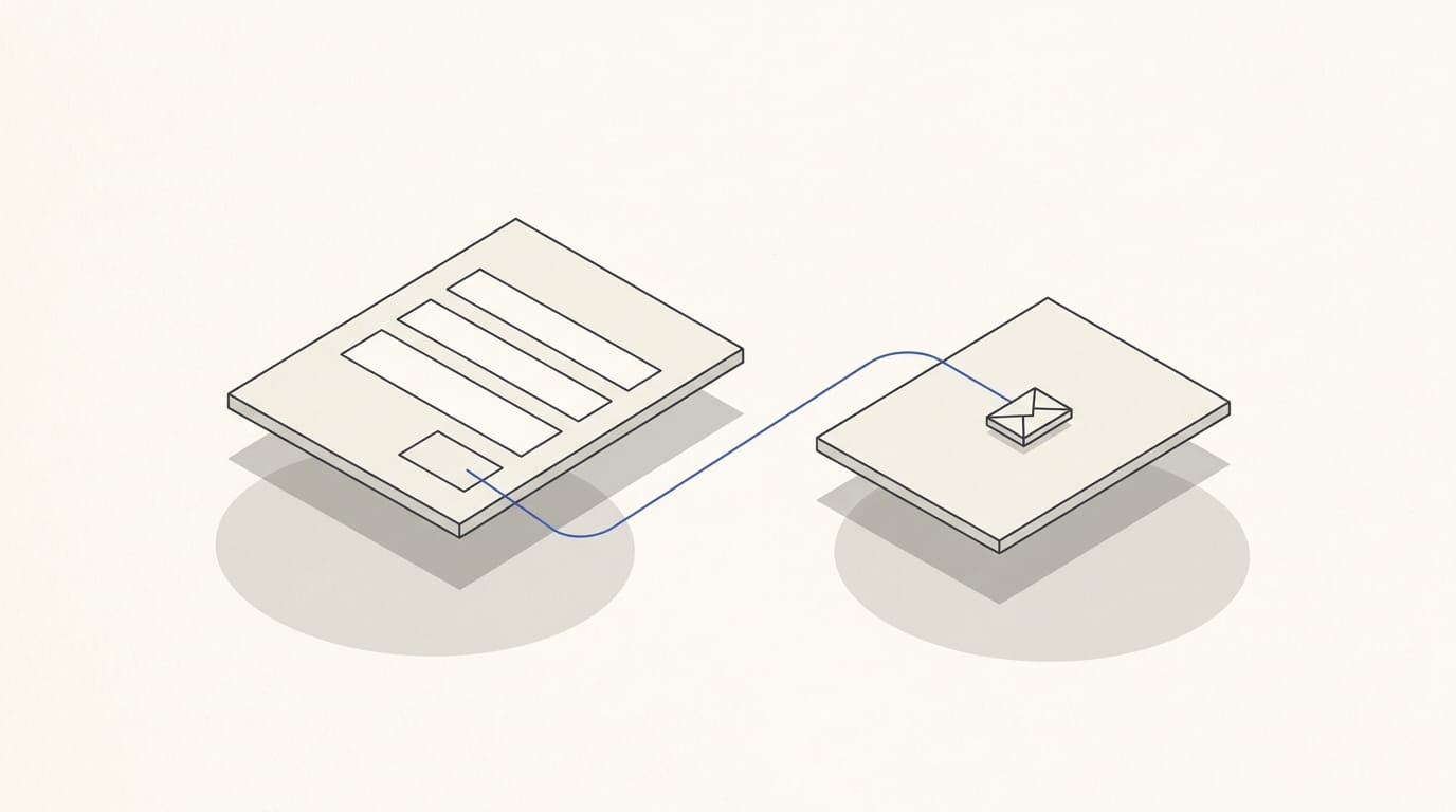 A short enquiry form connected by a blue line to a confirmation card and envelope.