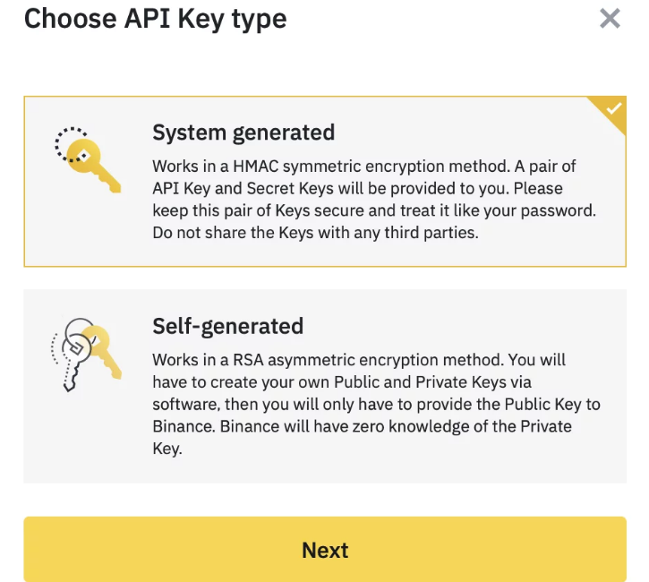 Binance Futures API Key type selection