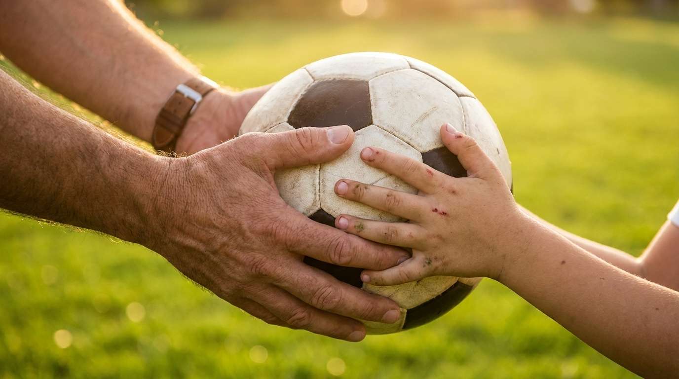 Руки папы и ребенка на мяче