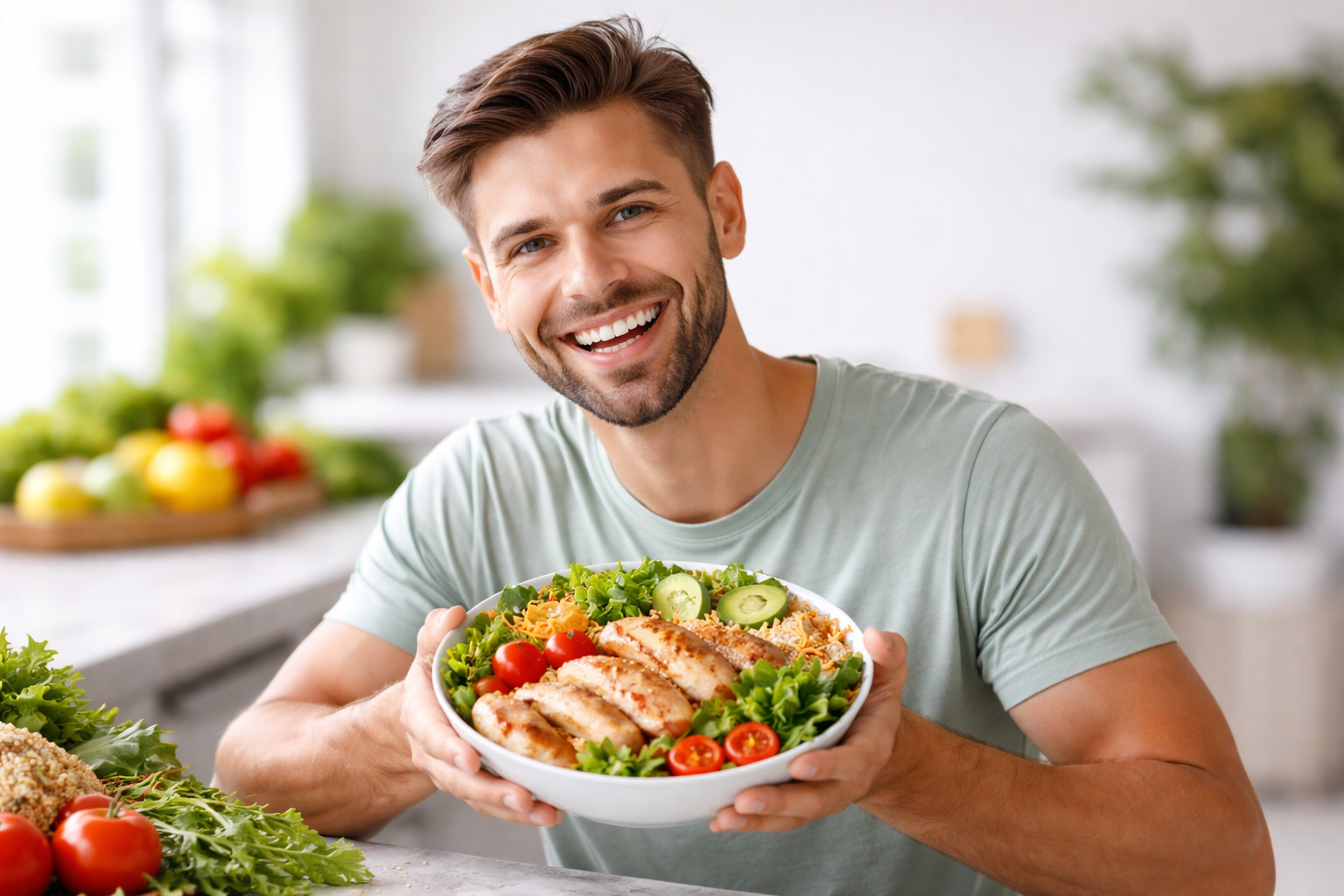 Happy smiling man with healthy food bowl
