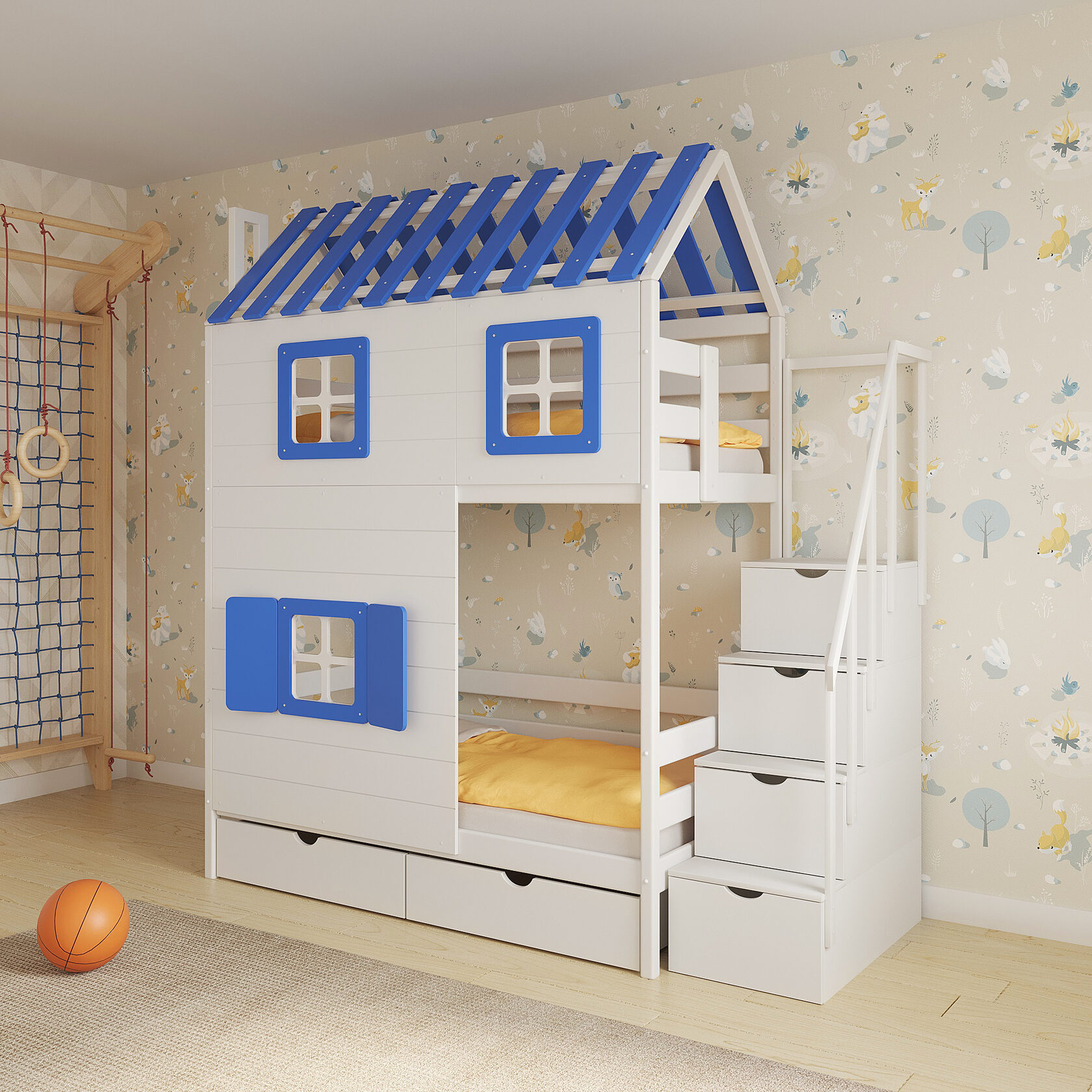 Детская двухъярусная кровать-домик HOME с лестницей комодом из дерева .