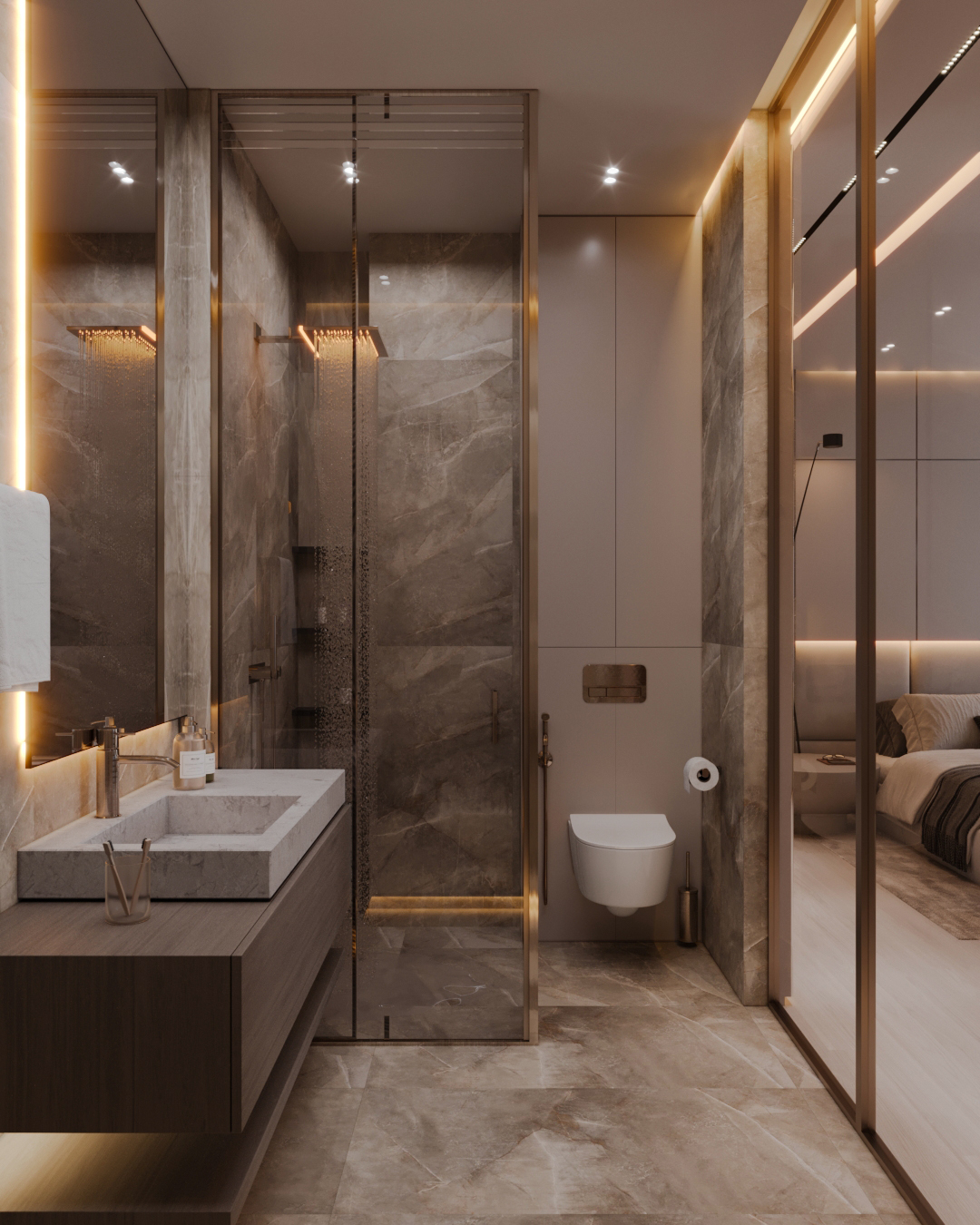 Дизайн интерьера санузла холостяка с подвесной кухней, камином и кожаными акцентами