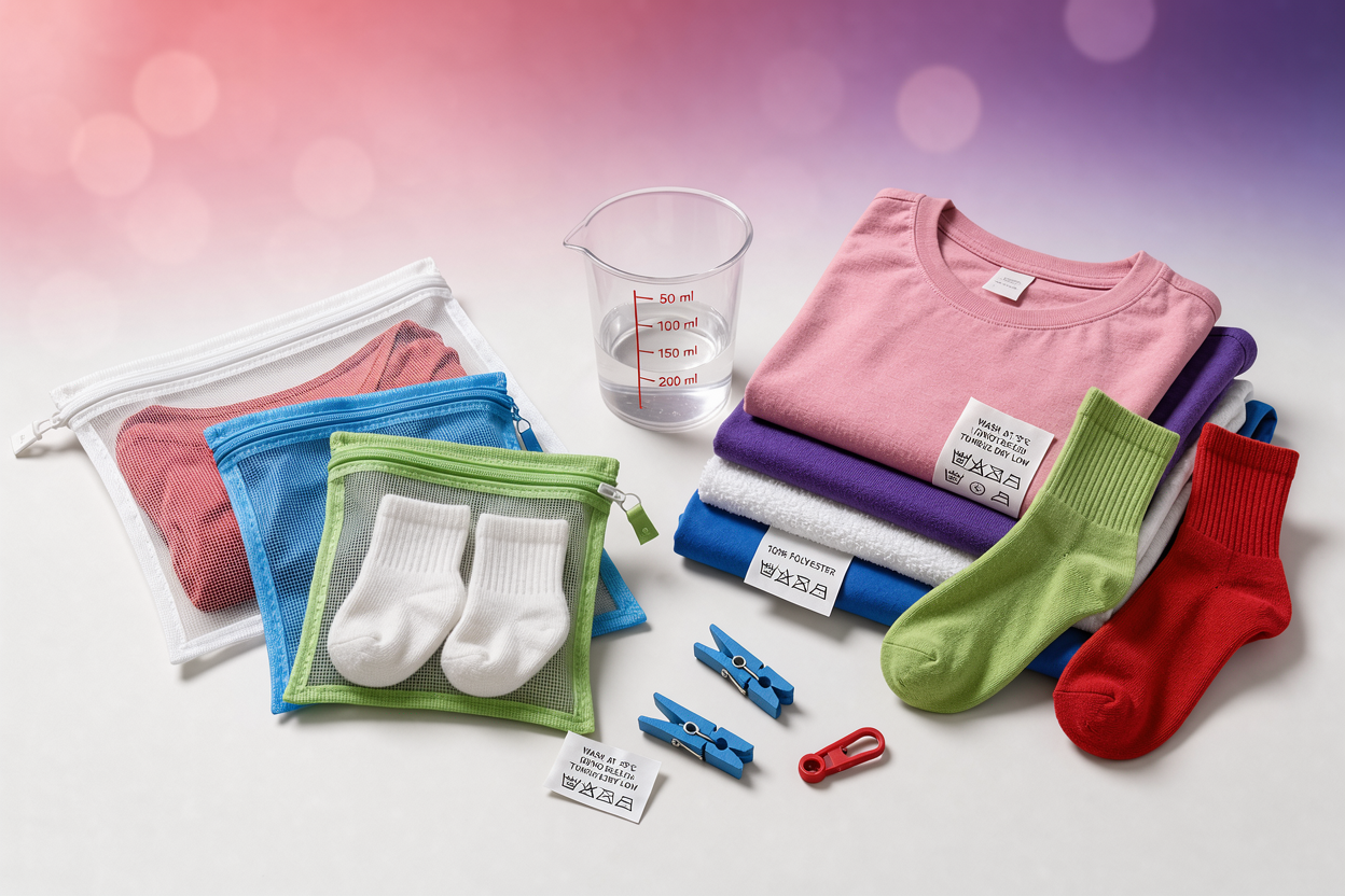 Flat lay of laundry essentials: mesh wash bags, measuring cup, folded clothes and visible care labels on garments