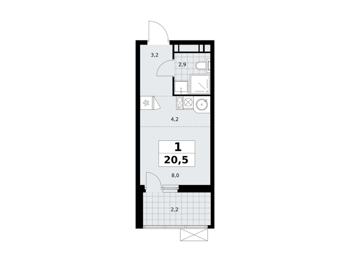 Планировка: студия 20,5 м², ЖК Скандинавия, корпус 18.1.2