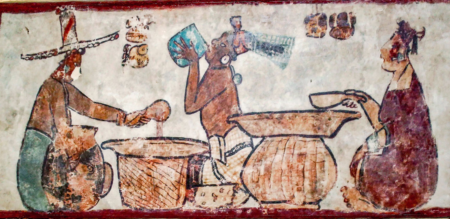 Покупатель пробует какао. Фрагмент фрески. Bernard Dupont, 2020. Calakmul Archeological Zone, Campeche, Mexico.