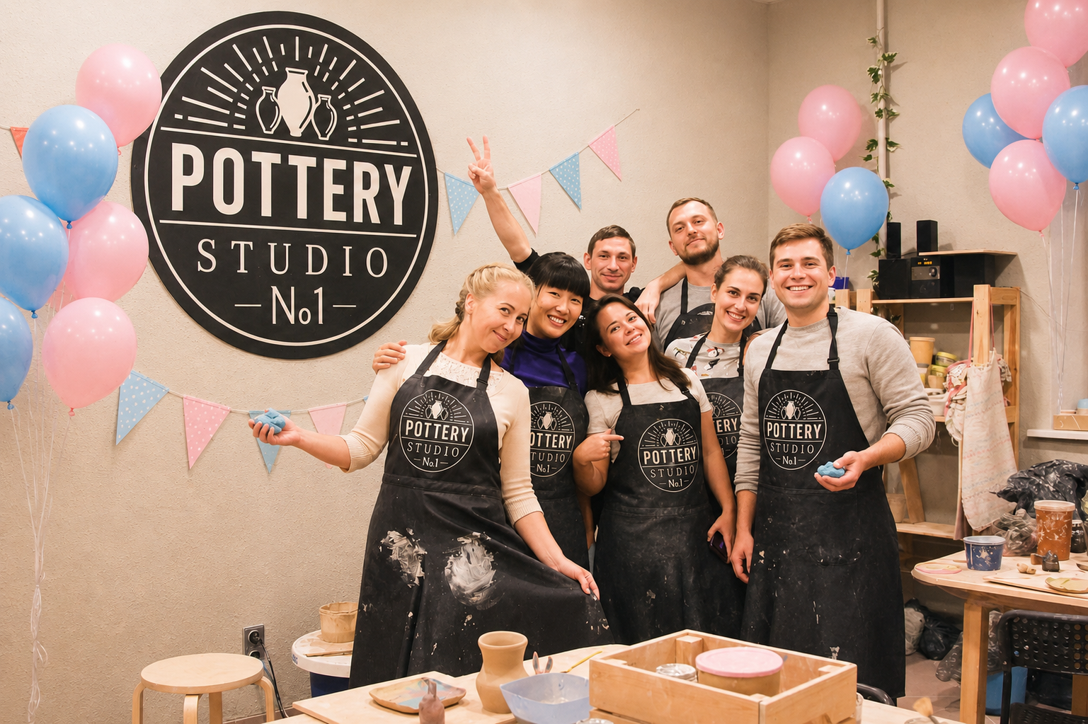 A baby gender reveal nyc party begins with guests making pottery pieces in a cozy private studio.