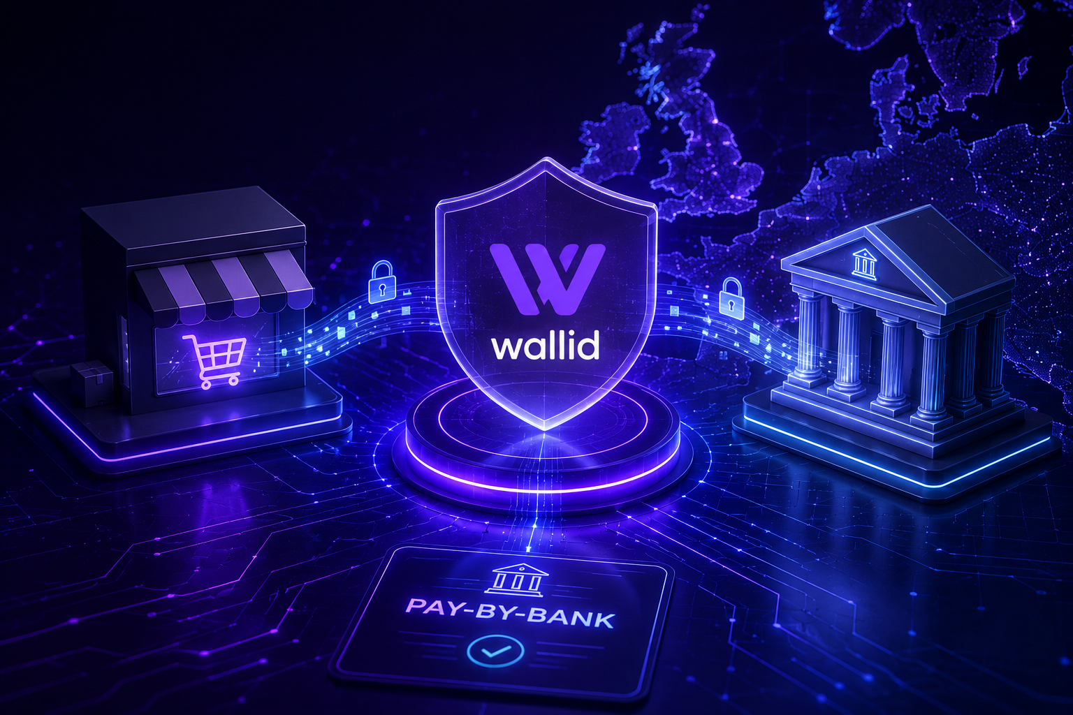 Futuristic digital banking network representing Wallid Pay by Bank API, showing secure account-to-account payments, Open Banking connectivity, real-time payment confirmation, and payment infrastructure for high-risk ecommerce merchants across the UK and E