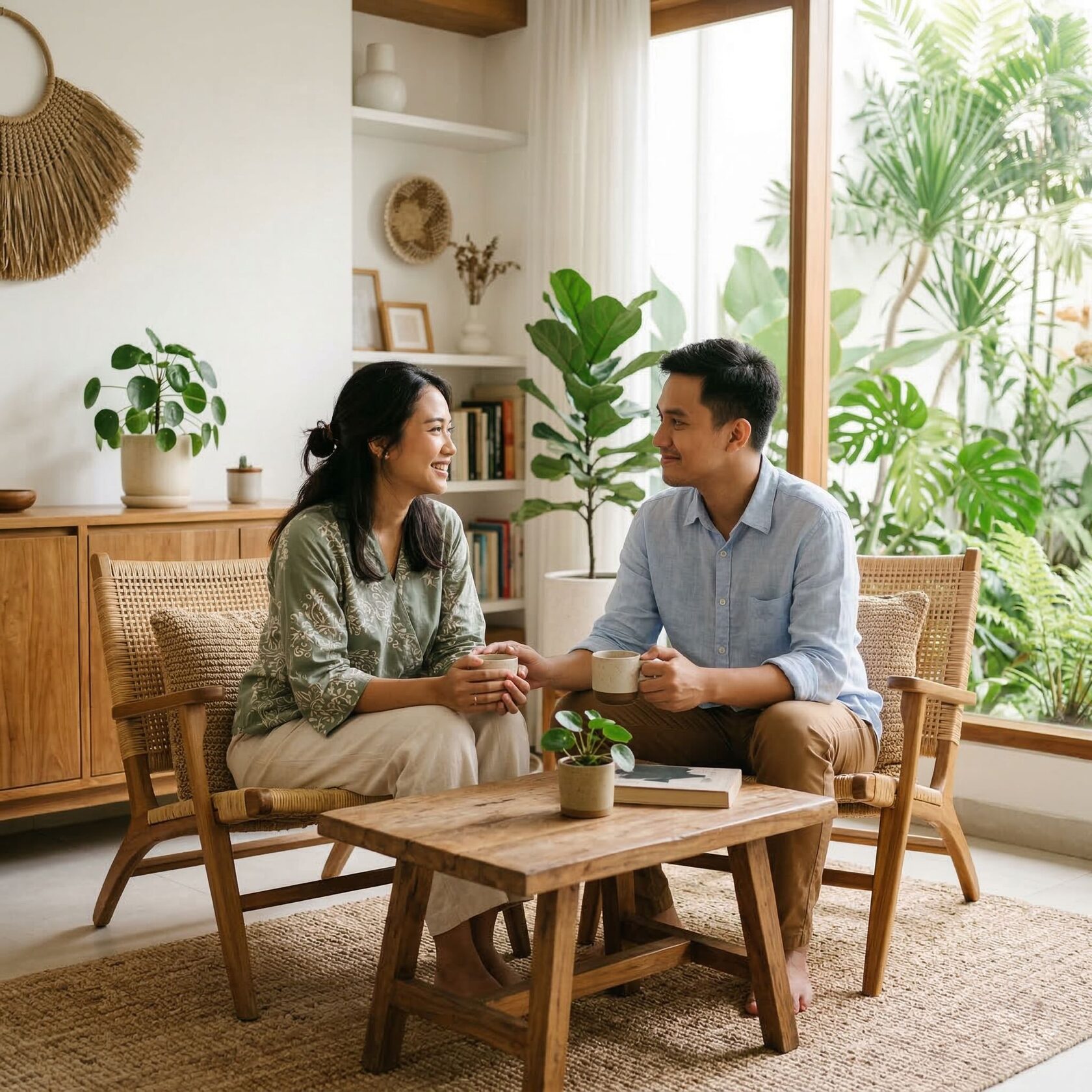 Pasangan duduk di ruang tamu terang sambil tersenyum dan berbicara hangat, ilustrasi hubungan sehat, bahagia, dan penuh kedekatan emosional