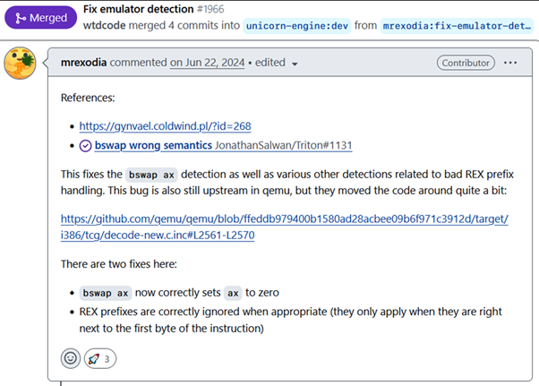 Github issue, связанный с неправильной эмуляцией инструкции bswap в Unicorn Engine, использовавшийся раньше для обнаружения эмуляционной среды_1