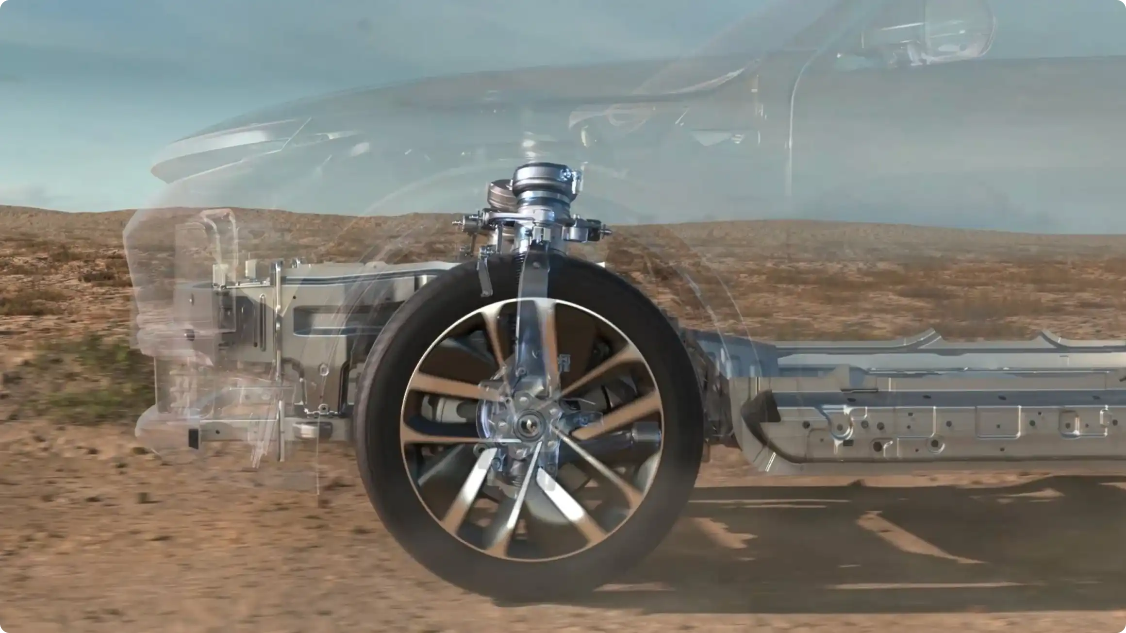 3D-визуализация пневматической подвески Li Auto в разрезе: амортизатор, пневматическая камера и элементы ходовой части в движении.