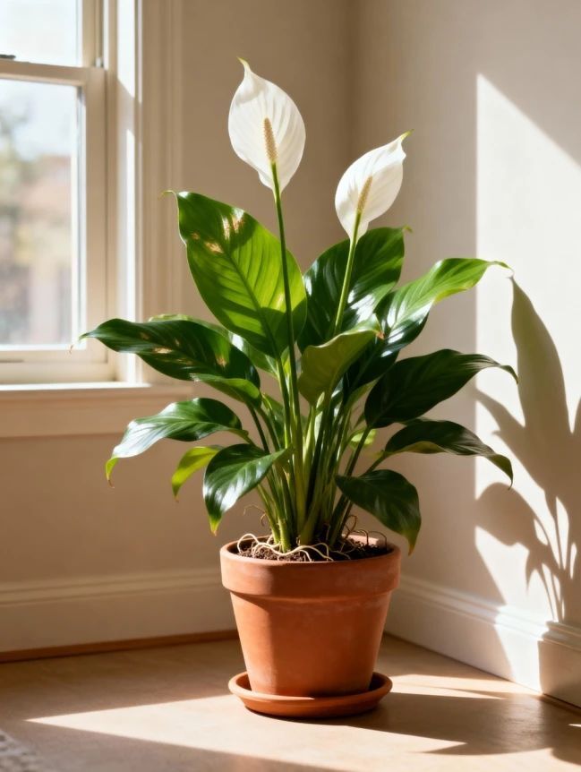 Potted plant on wooden shelf