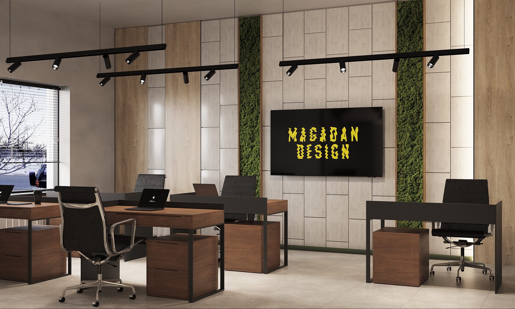 Креативный интерьер с мхом на стене в офисе