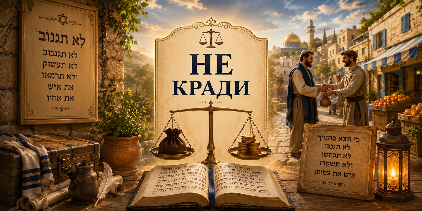 Иллюстрация к восьмой заповеди Торы «Не кради». Символическое изображение честного труда, справедливости и уважения к чужой собственности. Весы правосудия, монеты и открытая книга Торы подчеркивают духовный смысл заповеди, призывающей к честности, ответст