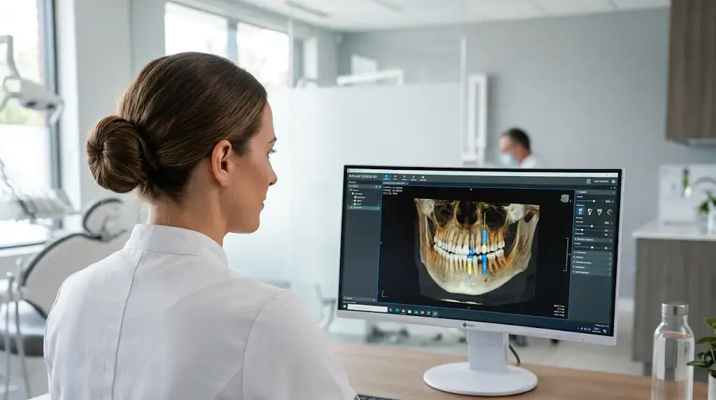 Врач-стоматолог изучает детализированный 3D-снимок челюсти пациента на мониторе для постановки точного диагноза.