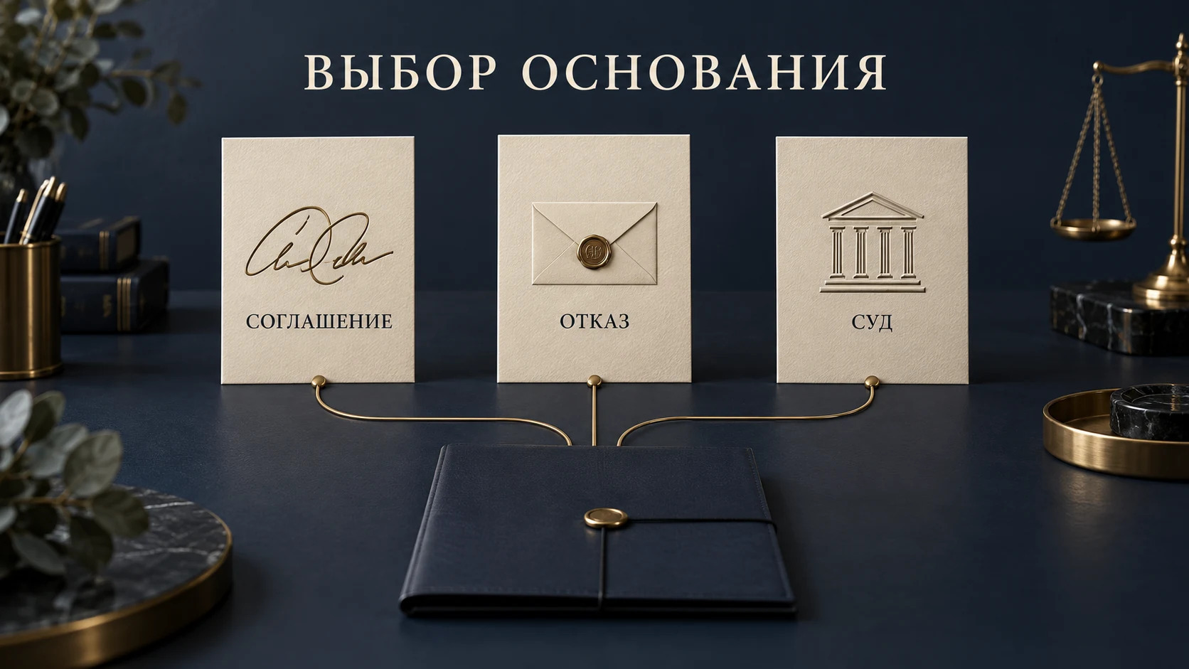 Концептуальная схема выбора основания: три карточки соглашения, отказа и судебного обращения