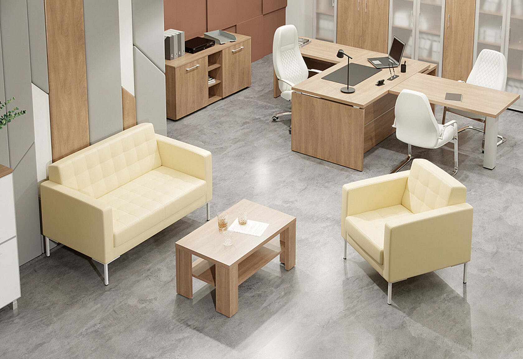 Желтый кожаный диван и журнальный столик 