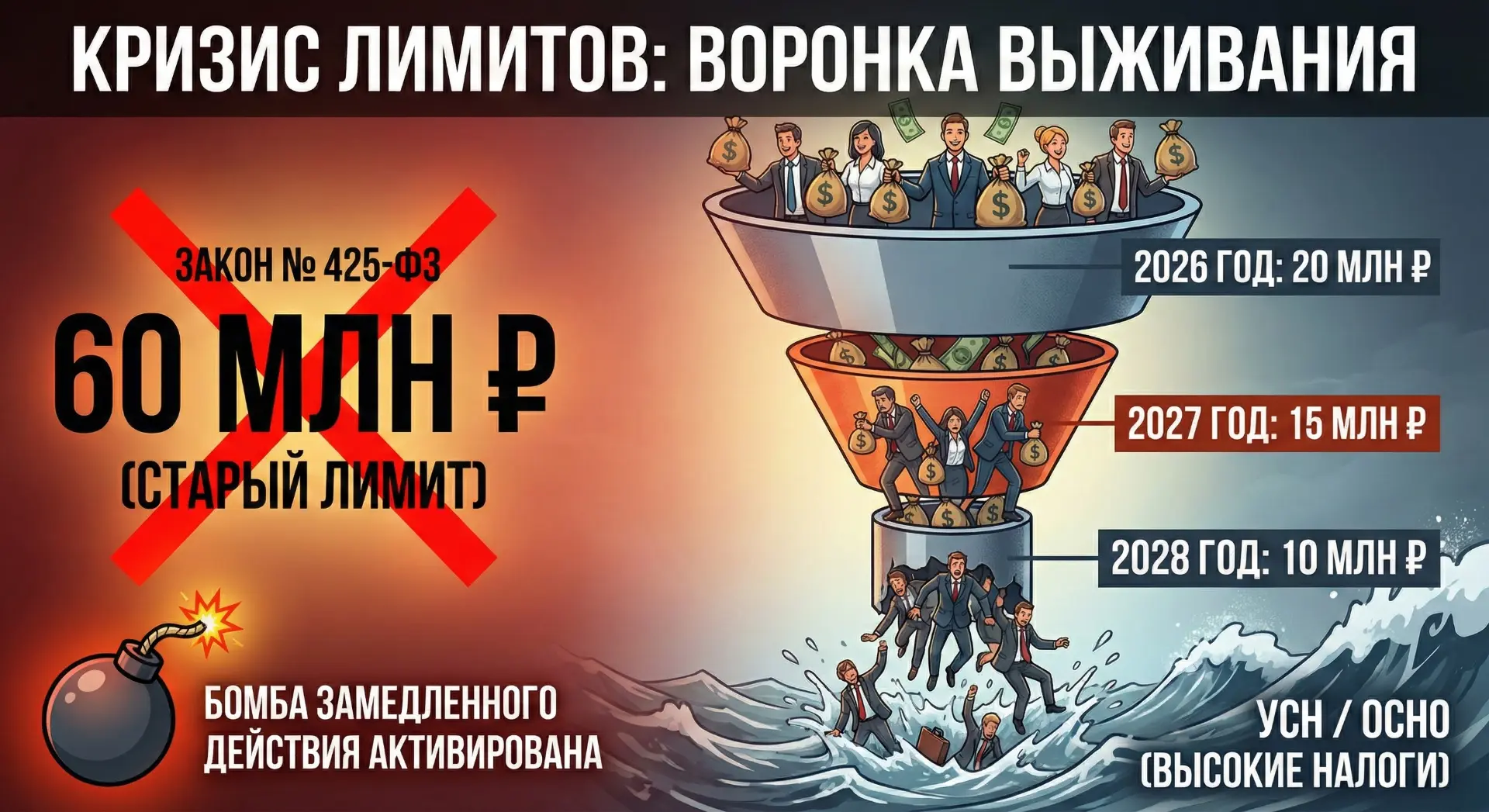 Инфографика снижения лимитов по ПСН согласно закону 425-ФЗ: падение с 60 млн до 20, 15 и 10 млн рублей к 2028 году.