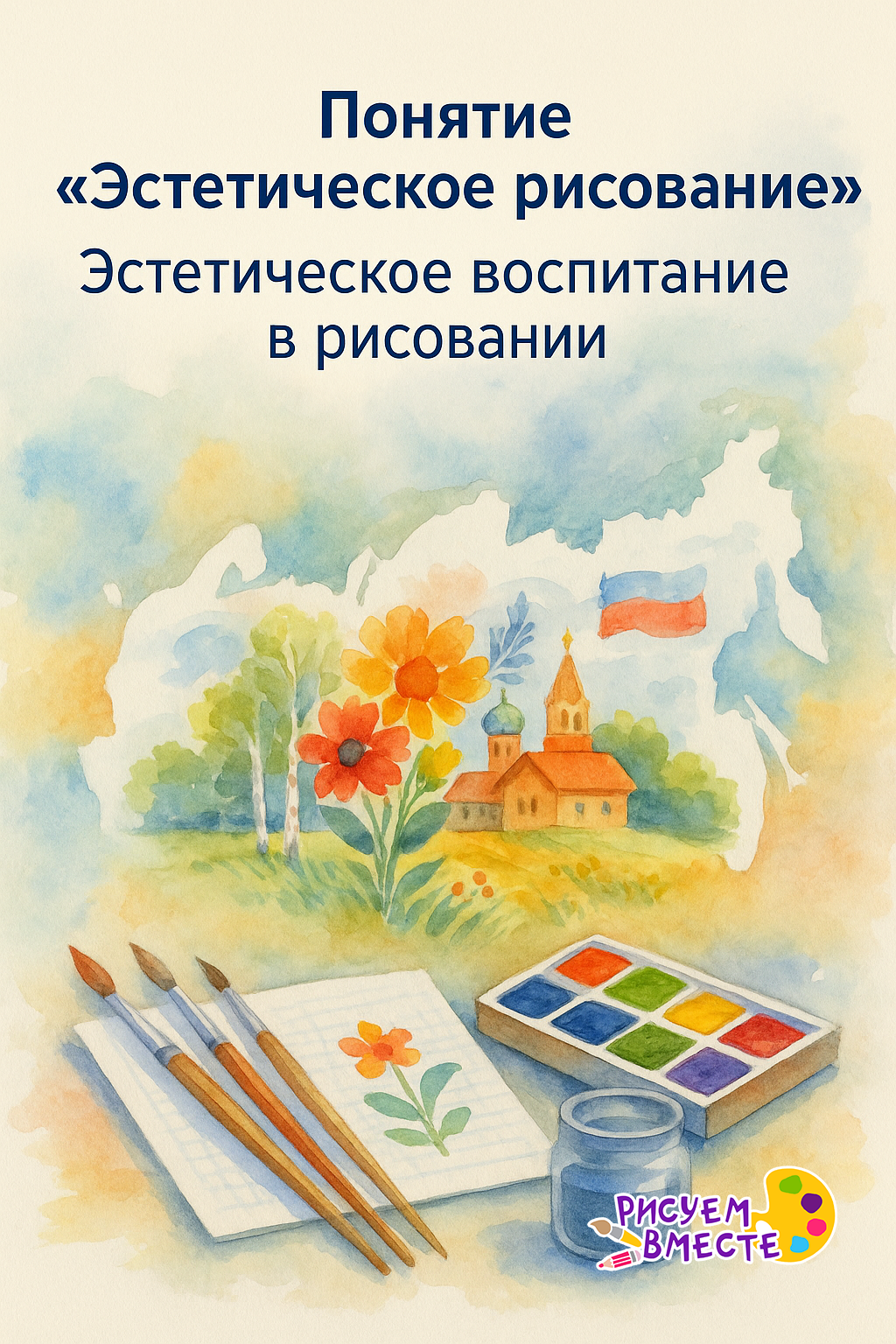 Акварельная обложка с художественными кистями, палитрой и цветами на фоне пейзажа — тема «Эстетическое рисование» и эстетическое воспитание