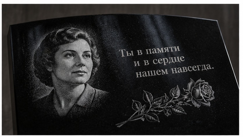 Крупный план гравировки на чёрном граните — портрет и эпитафия на памятнике