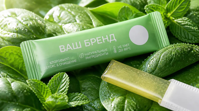 Пример продукции контрактного производства: детокс-гель с хлорофиллом в упаковке Ваш Бренд на фоне свежих листьев.