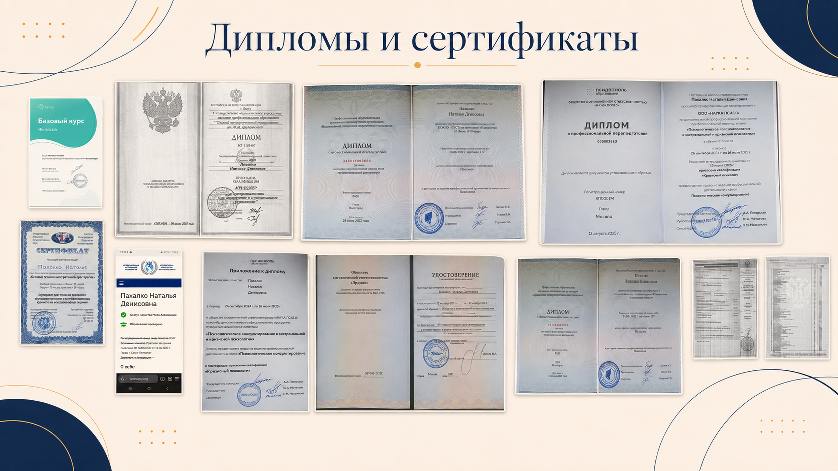 Дипломы и сертификаты Натальи Пахалко