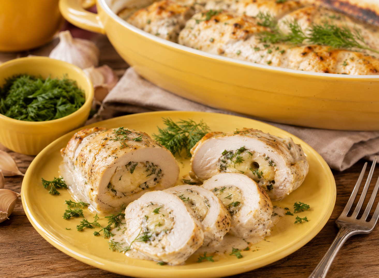 Готовые куриные рулетики с сыром и зеленью, нарезанные на порционные кусочки, на блюде.