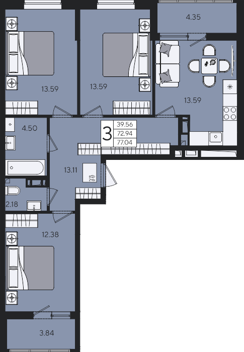 3-комнатная 77,04 м²
