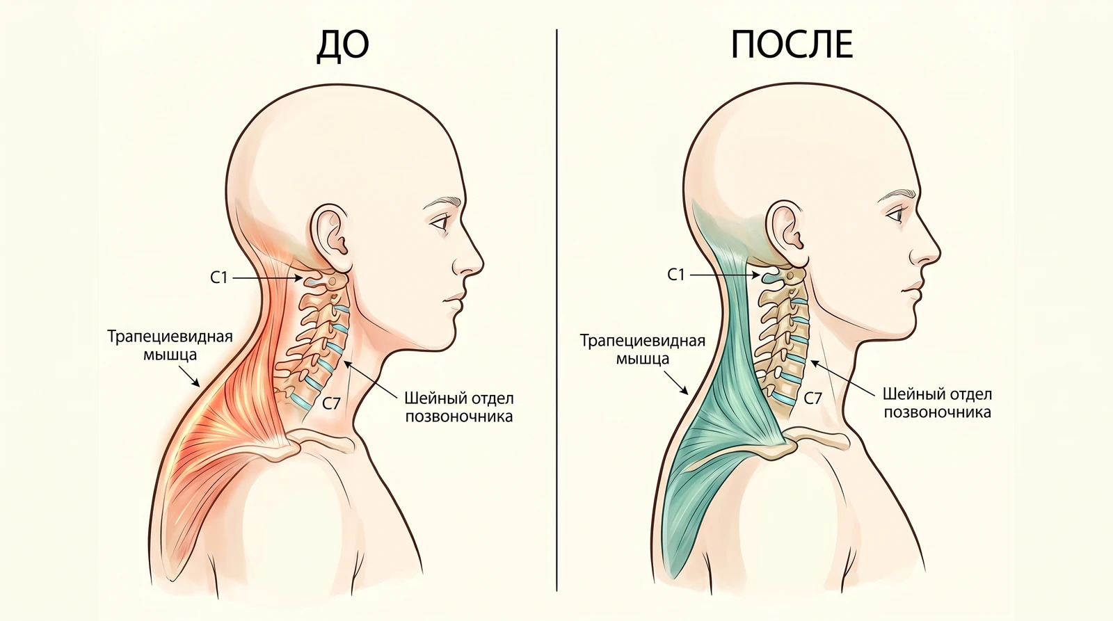 Сравнение осанки ДО и ПОСЛЕ: напряжённое положение головы вперёд и расслабленное ровное положение