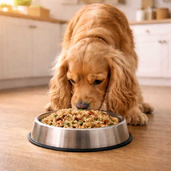 Золотистый кокер-спаниель ест гречневую кашу с мясом из миски, натуральное питание для собак