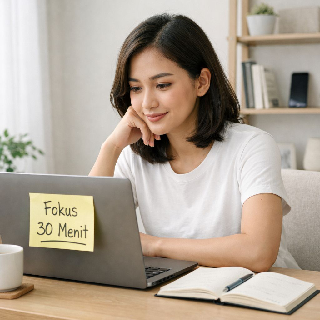 Orang bekerja fokus 30 menit di depan laptop di rumah dengan catatan “Fokus 30 Menit” untuk mengurangi distraksi HP