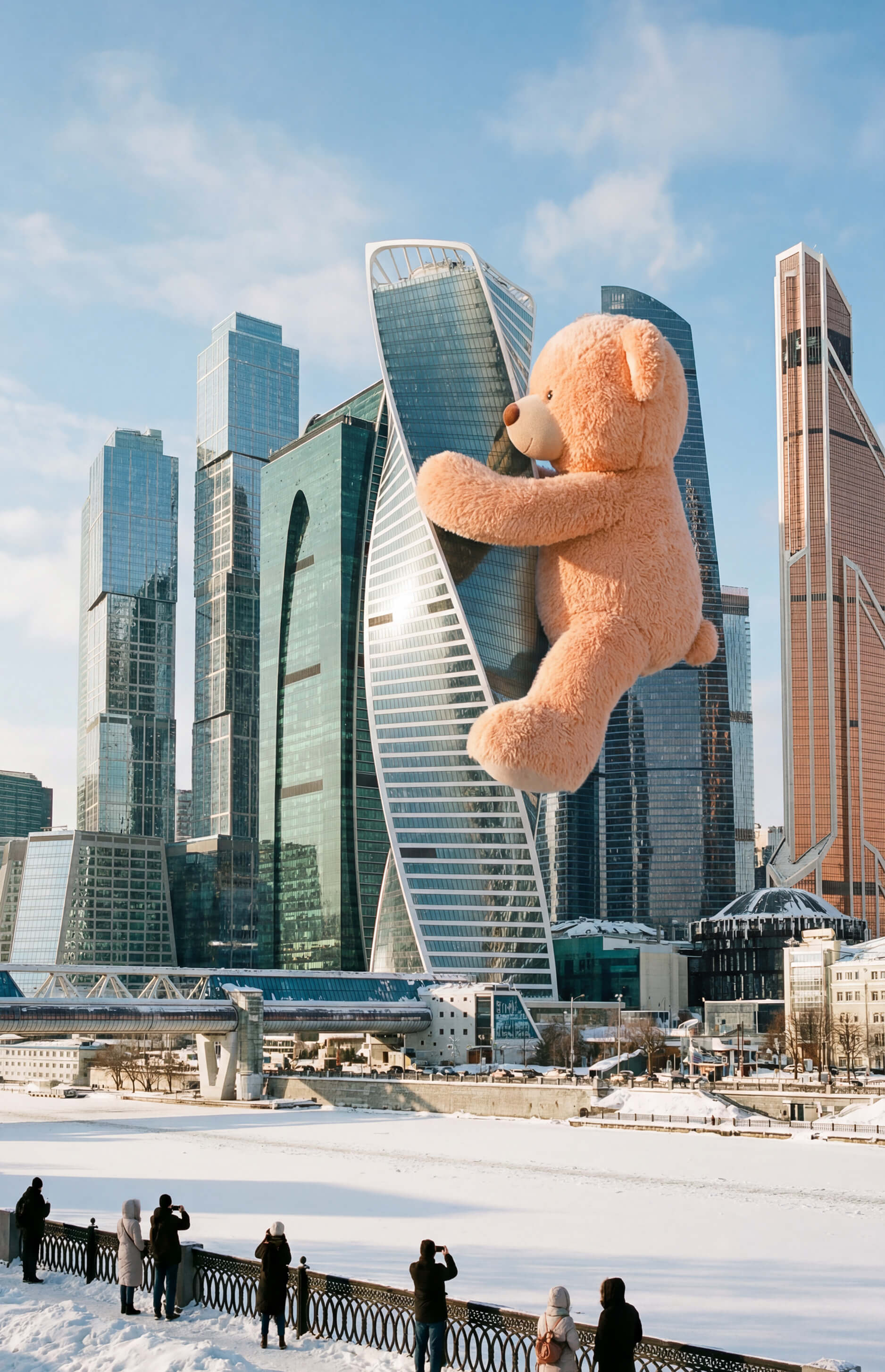 Гигантский плюшевый медведь обнимает небоскрёб Москва-Сити