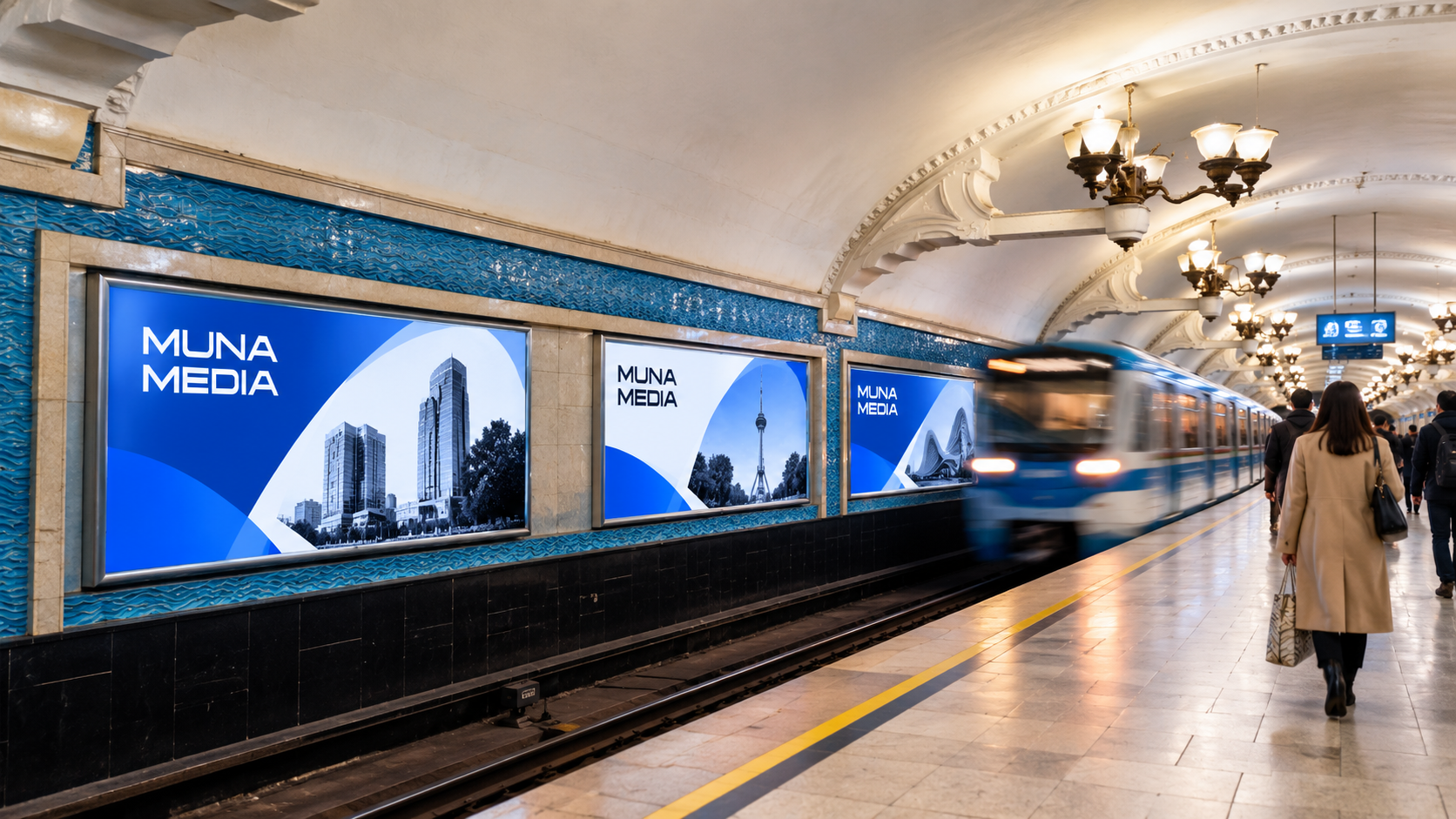 Muna Media advertising displayed on illuminated panels inside a Tashkent metro station as a train arrives at the platform.