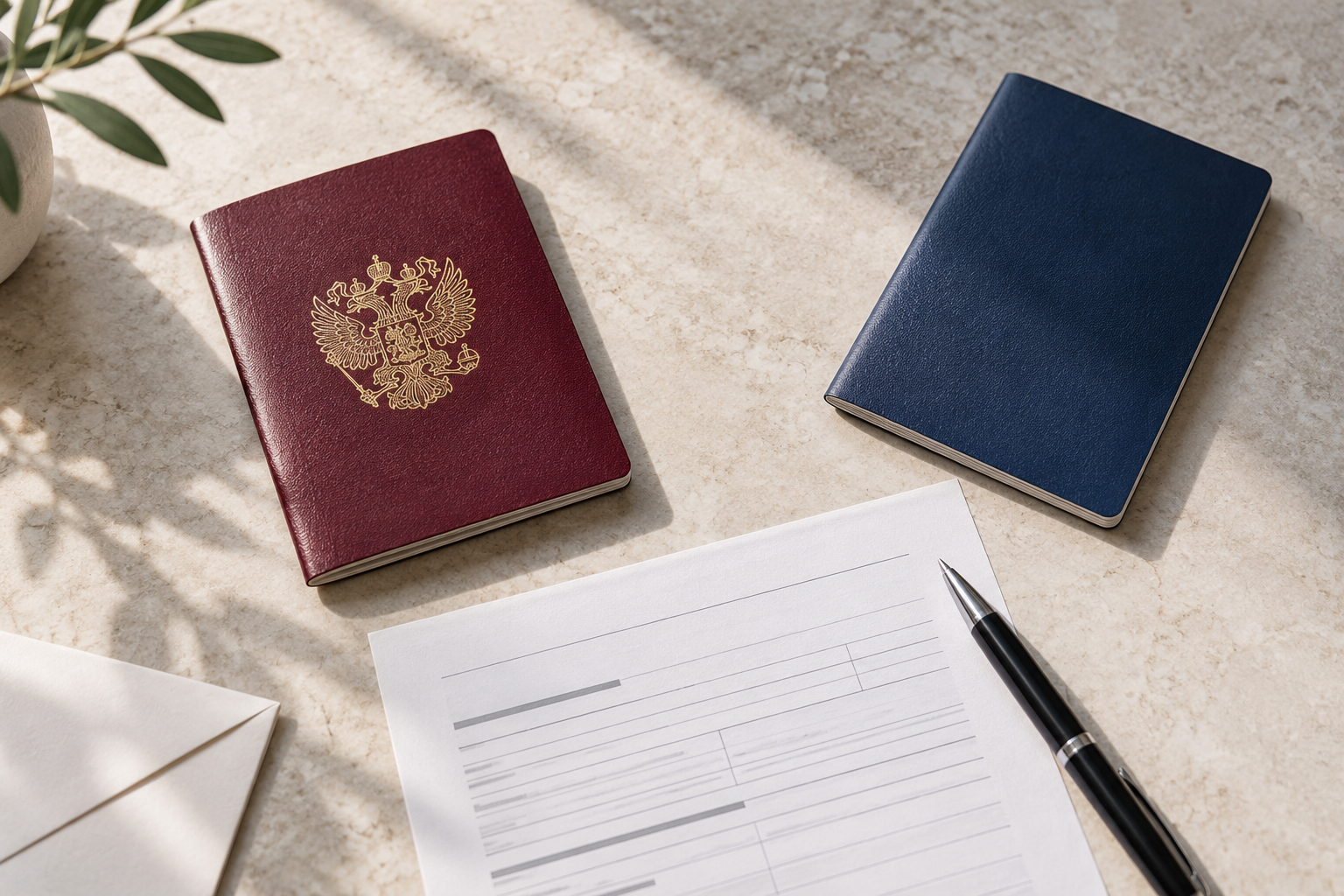 Два паспортных документа и заявление на светлой поверхности перед оформлением выхода из гражданства