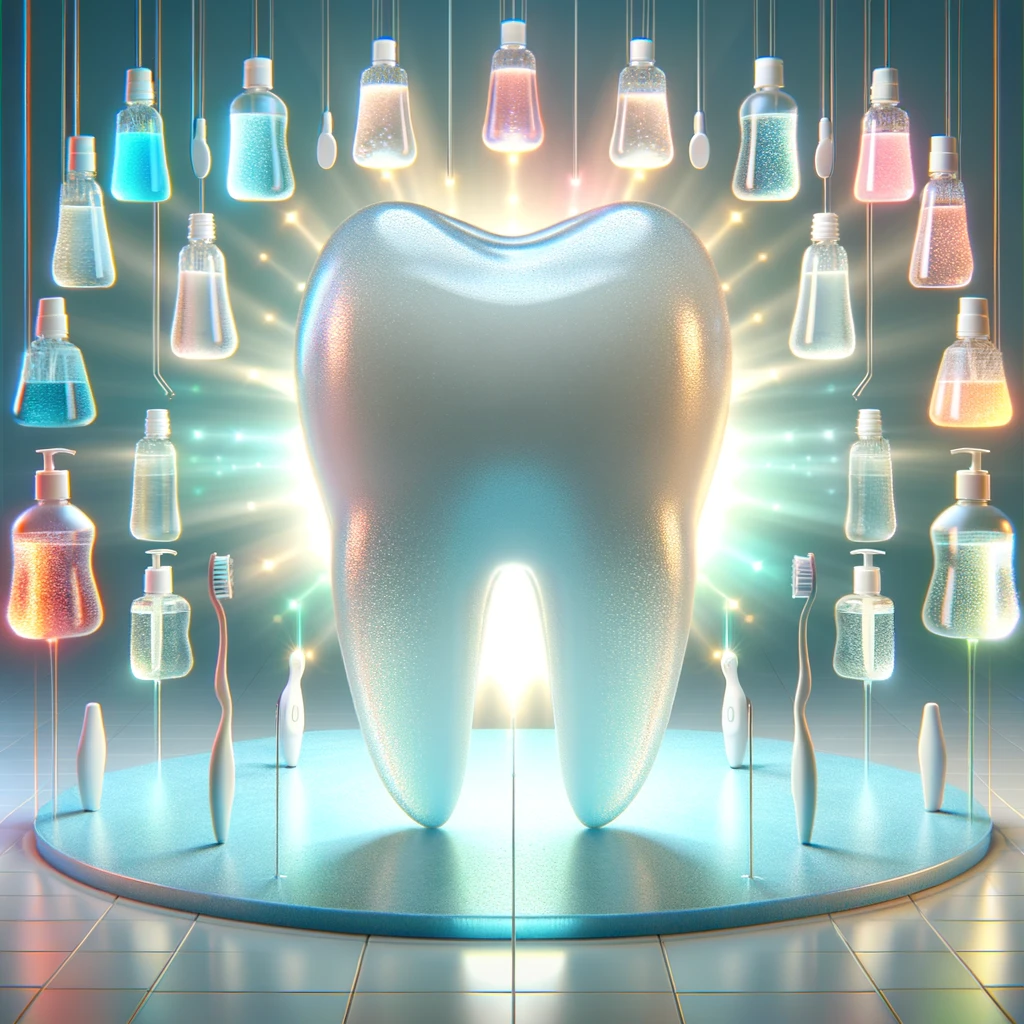 A conceptual artwork representing the theme of the study on the impact of mouthwashes on the optical properties of resin cement. The image features a large, transparent tooth standing in the center, symbolizing the dental application. Surrounding the tooth are various stylized bottles of mouthwash, each emitting a different colored light that falls on the tooth, representing their different effects on the resin cement's color and translucency. The background is a gradient from light blue to white, symbolizing a clinical, scientific atmosphere. The overall impression is one of precision, care, and the interplay between dental materials and mouthwash solutions.