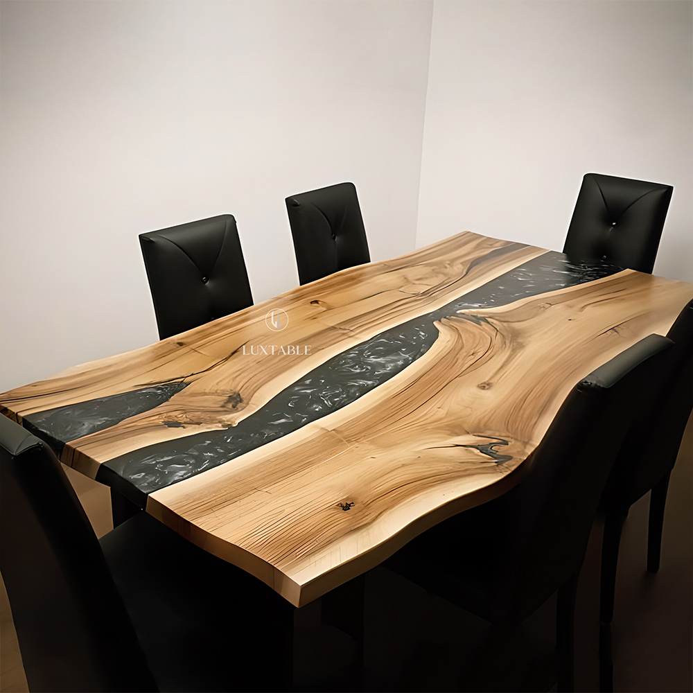 Epoxidharz Tische Alagoas aus europäischem Nussbaum und hellblauem Epoxidharz mit Metallic Effekt