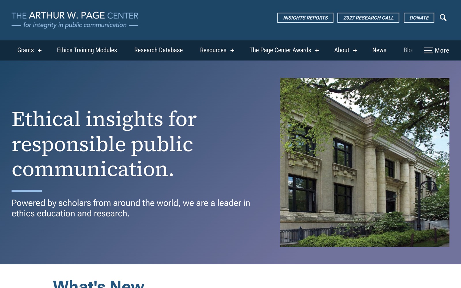 Arthur W. Page Center homepage screenshot: Penn State centre funding research on ethics in public communication
