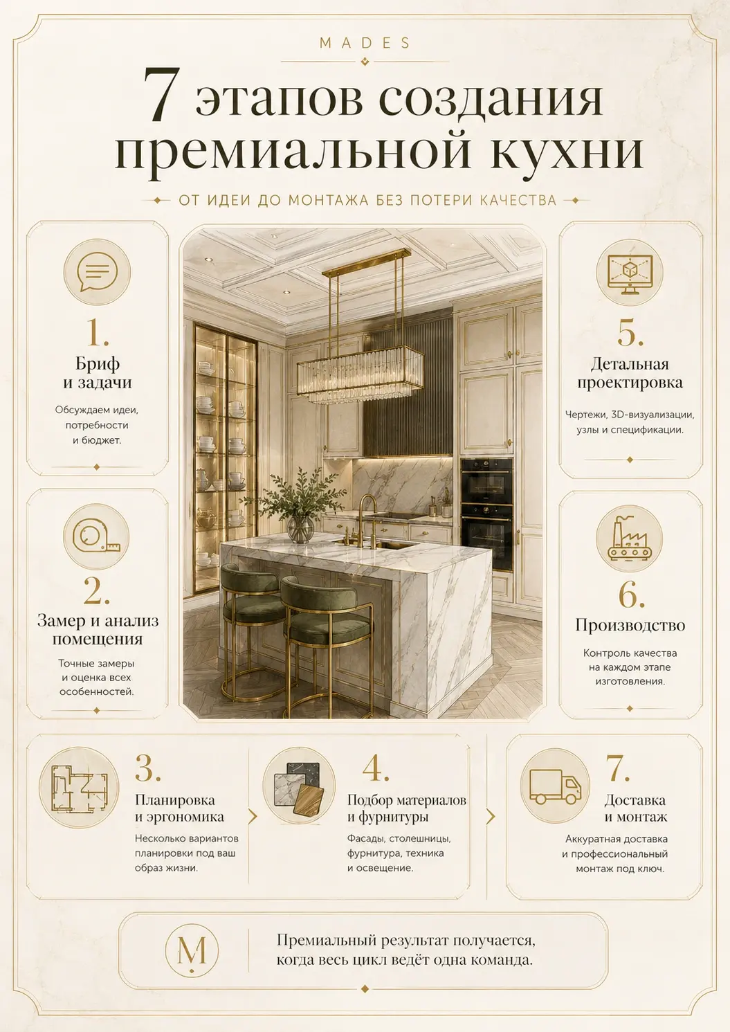 7 этапов создания премиальной кухни 7 этапов создания премиальной кухни — инфографика MADES