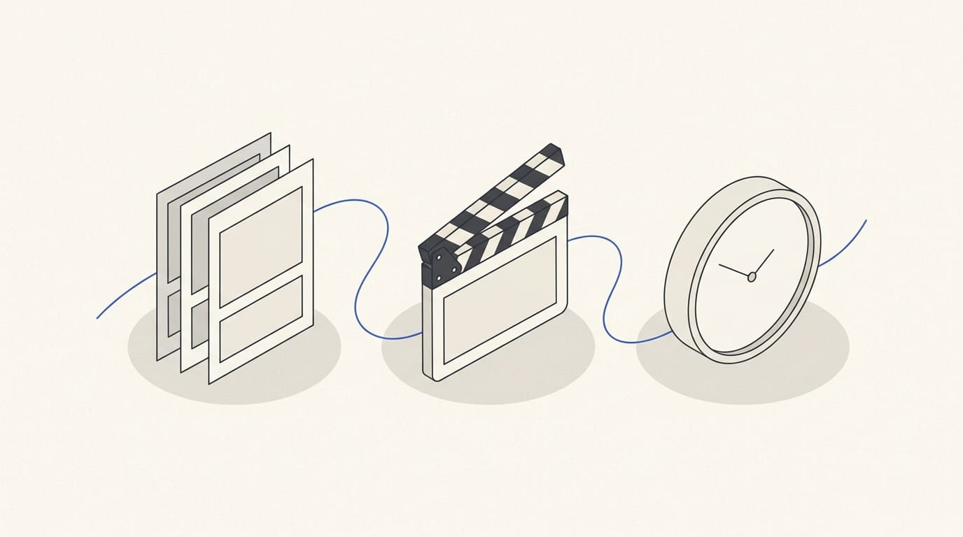 A clapperboard, storyboard cards and a clock illustrating a one-day plan for a short-video series.